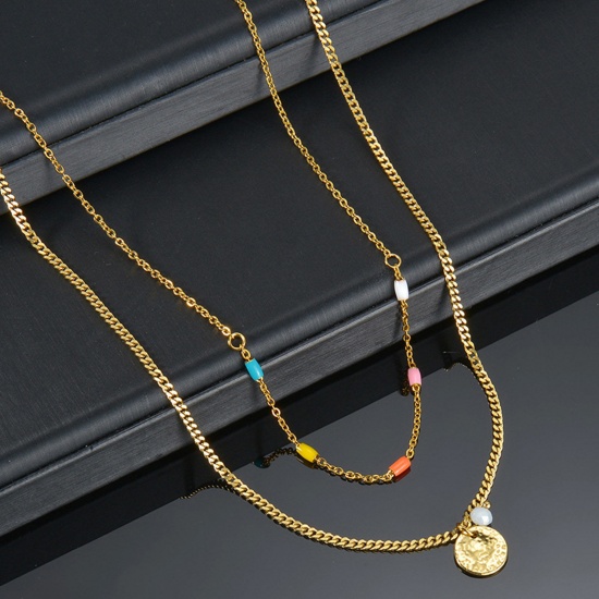 Picture of 304 Stainless Steel Stylish Link Chain Multilayer Layered Necklace Gold Plated Multicolor Round 42cm(16 4/8") long, 1 Piece