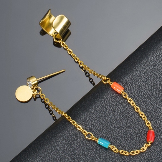 Picture of 304 Stainless Steel Stylish One Piece Ear Clip Stud Chain Earring Gold Plated Multicolor 13cm long, 1 Piece