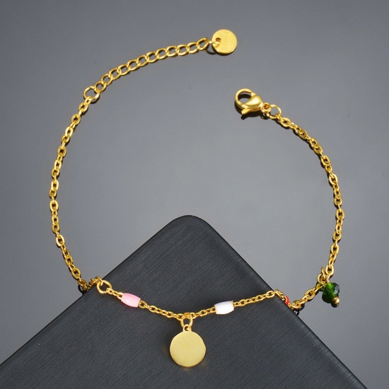 Picture of 304 Stainless Steel Stylish Link Cable Chain Anklet Gold Plated Multicolor Round 20cm(7 7/8") long, 1 Piece