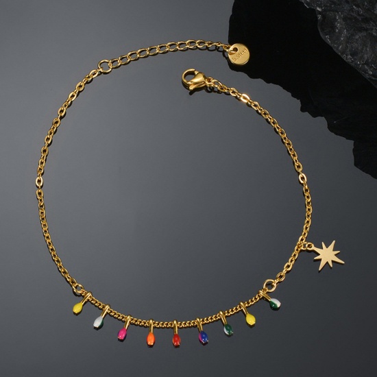 Picture of 304 Stainless Steel Stylish Link Chain Anklet Gold Plated Multicolor 20cm(7 7/8") long, 1 Piece