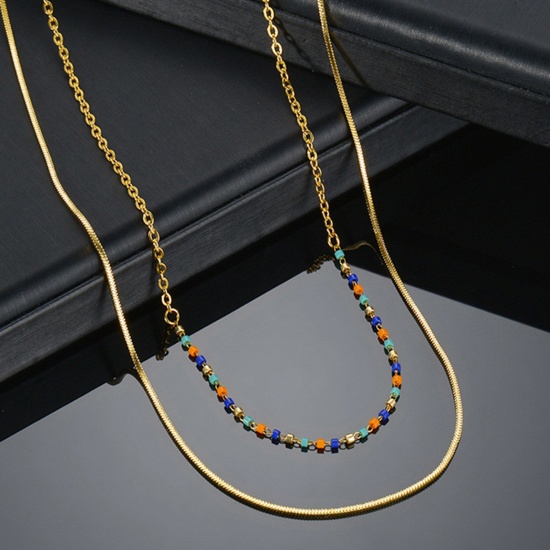 Picture of 304 Stainless Steel Stylish Link Chain Multilayer Layered Necklace Gold Plated Multicolor 42cm(16 4/8") long, 1 Piece