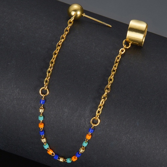 Picture of 304 Stainless Steel Stylish One Piece Ear Clip Stud Chain Earring Gold Plated Multicolor Beaded 13cm long, 1 Piece
