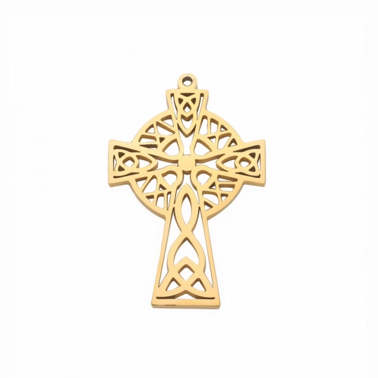 Picture of 304 Stainless Steel Charms Gold Plated Cross 30mm x 20mm, 1 Piece
