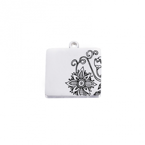 Picture of 304 Stainless Steel Charms Silver Tone Square Flower 18mm x 18mm, 1 Piece
