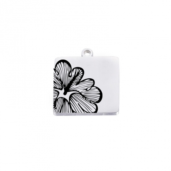 Picture of 304 Stainless Steel Charms Silver Tone Square Flower 18mm x 18mm, 1 Piece