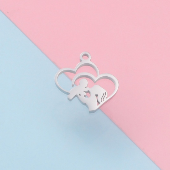 Picture of 304 Stainless Steel Mother's Day Charms Silver Tone Heart 16mm x 16mm, 1 Piece
