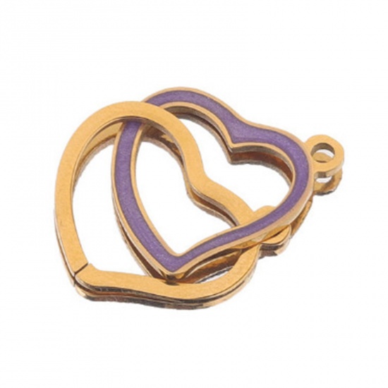 Picture of 304 Stainless Steel Connectors Gold Plated Purple Heart Enamel 26mm x 14mm, 1 Piece