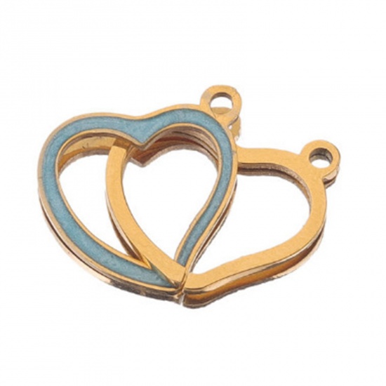 Picture of 304 Stainless Steel Connectors Gold Plated Blue Heart Enamel 26mm x 14mm, 1 Piece