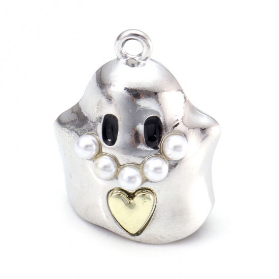 Picture of Zinc Based Alloy Charms Silver Tone Halloween Ghost Imitation Pearl 25mm x 20mm, 5 PCs