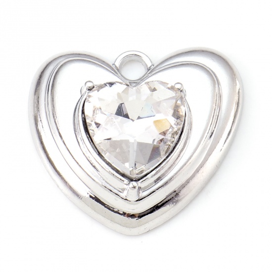 Picture of Zinc Based Alloy Valentine's Day Charms Silver Tone Heart Clear Rhinestone 22mm x 21mm, 5 PCs