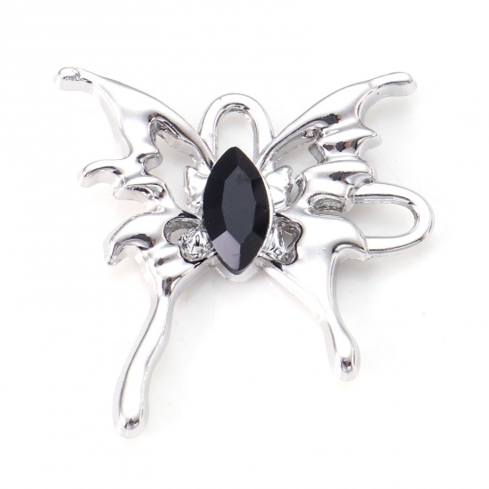 Picture of Zinc Based Alloy Insect Charms Silver Tone Butterfly Animal Black Rhinestone 29mm x 29mm, 5 PCs