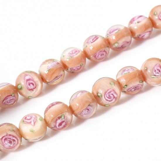 Picture of Lampwork Glass Beads Round Light Beige Flower Leaves About 10mm Dia, Hole: Approx 1.6mm, 10 PCs