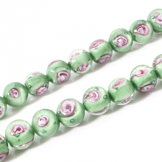 Picture of Lampwork Glass Beads Round Green Flower Leaves About 10mm Dia, Hole: Approx 1.6mm, 10 PCs