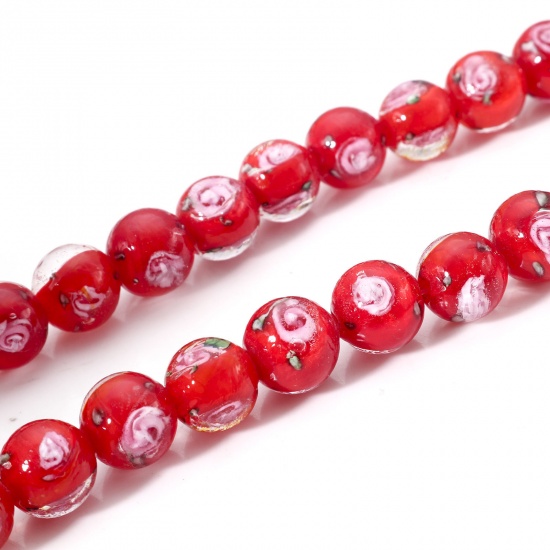 Picture of Lampwork Glass Beads Round Red Flower Leaves About 10mm Dia, Hole: Approx 1.6mm, 10 PCs