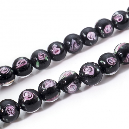 Picture of Lampwork Glass Beads Round Black Flower Leaves About 10mm Dia, Hole: Approx 1.6mm, 10 PCs