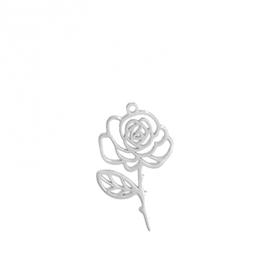Picture of 304 Stainless Steel Charms Silver Tone Rose Flower 13mm x 17mm, 1 Piece