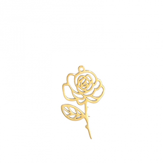 Picture of 304 Stainless Steel Charms 18K Gold Color Rose Flower 13mm x 17mm, 1 Piece