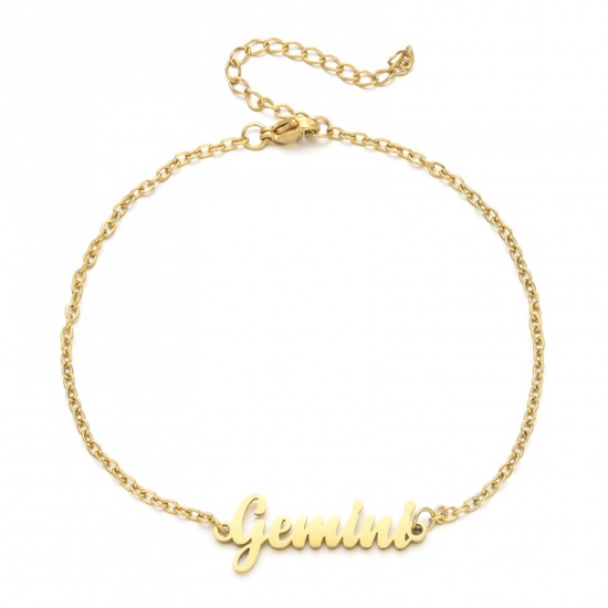 Immagine di Eco-friendly Vacuum Plating 304 Stainless Steel Rolo Chain Anklet Gold Plated Message " Gemini " 21cm(8 2/8") long, 1 Piece