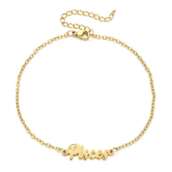 Immagine di Eco-friendly Vacuum Plating 304 Stainless Steel Rolo Chain Anklet Gold Plated Message " Pisces " 21cm(8 2/8") long, 1 Piece