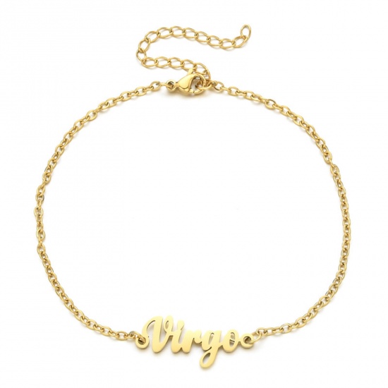 Immagine di Eco-friendly Vacuum Plating 304 Stainless Steel Rolo Chain Anklet Gold Plated Message " VIRGO " 21cm(8 2/8") long, 1 Piece