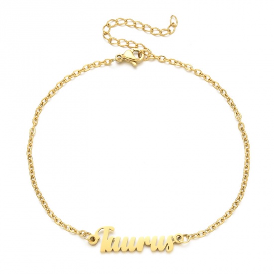 Immagine di Eco-friendly Vacuum Plating 304 Stainless Steel Rolo Chain Anklet Gold Plated Message " TAURUS " 21cm(8 2/8") long, 1 Piece