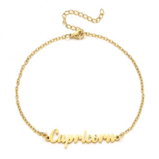 Immagine di Eco-friendly Vacuum Plating 304 Stainless Steel Rolo Chain Anklet Gold Plated Message " Capricorn " 21cm(8 2/8") long, 1 Piece