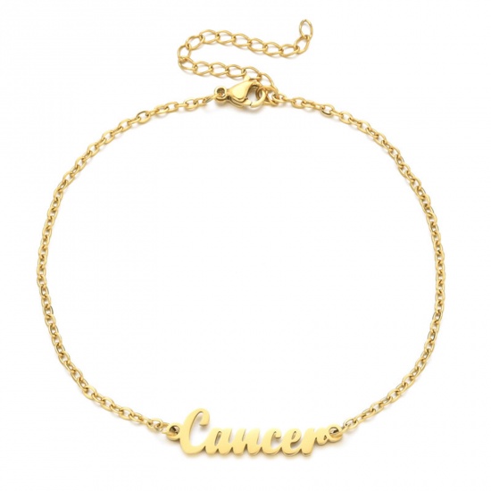 Immagine di Eco-friendly Vacuum Plating 304 Stainless Steel Rolo Chain Anklet Gold Plated Message " CANCER " 21cm(8 2/8") long, 1 Piece
