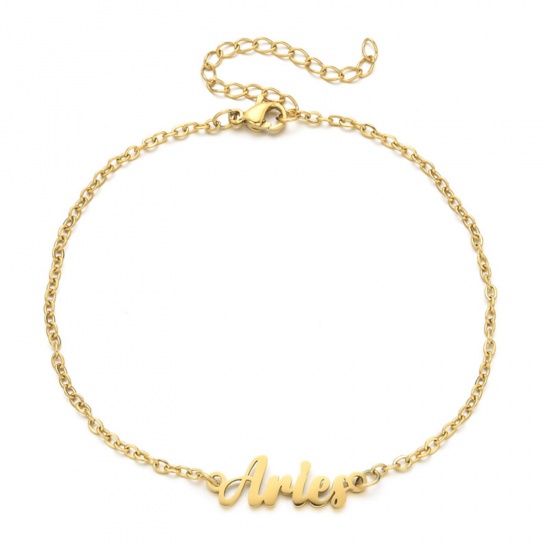 Immagine di Eco-friendly Vacuum Plating 304 Stainless Steel Rolo Chain Anklet Gold Plated Message " ARIES " 21cm(8 2/8") long, 1 Piece