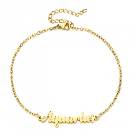 Immagine di Eco-friendly Vacuum Plating 304 Stainless Steel Rolo Chain Anklet Gold Plated Message " AQUARIUS " 21cm(8 2/8") long, 1 Piece