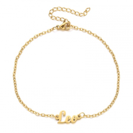 Bild von Eco-friendly Vacuum Plating 304 Stainless Steel Rolo Chain Anklet Gold Plated Message " LEO " 21cm(8 2/8") long, 1 Piece