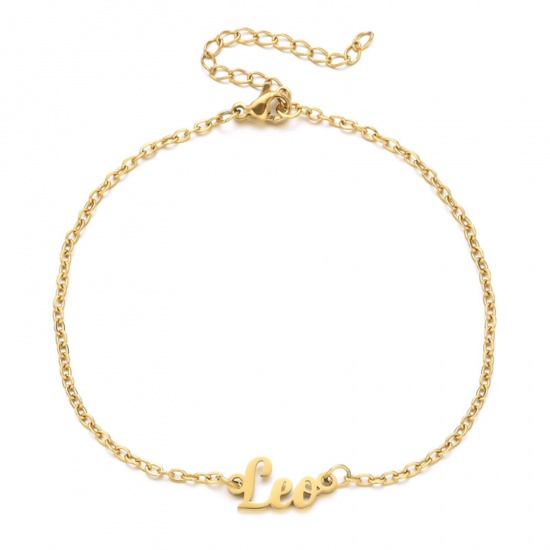 Immagine di Eco-friendly Vacuum Plating 304 Stainless Steel Rolo Chain Anklet Gold Plated Message " LEO " 21cm(8 2/8") long, 1 Piece