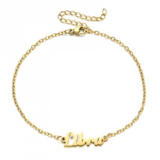 Immagine di Eco-friendly Vacuum Plating 304 Stainless Steel Rolo Chain Anklet Gold Plated Message " Libra " 21cm(8 2/8") long, 1 Piece