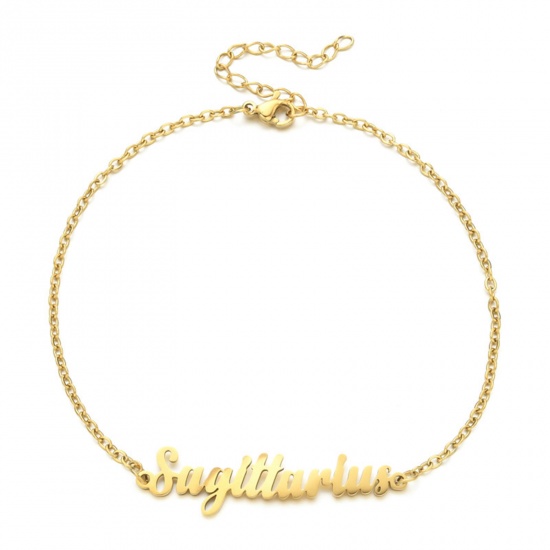 Immagine di Eco-friendly Vacuum Plating 304 Stainless Steel Rolo Chain Anklet Gold Plated Message " Sagittarius " 21cm(8 2/8") long, 1 Piece