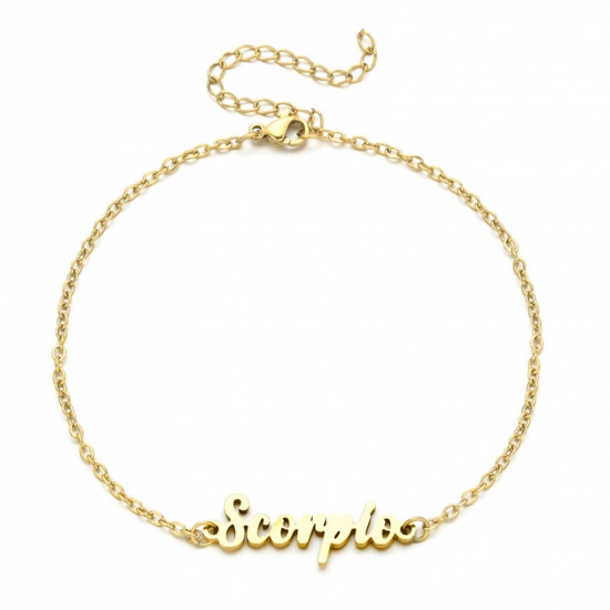 Immagine di Eco-friendly Vacuum Plating 304 Stainless Steel Rolo Chain Anklet Gold Plated Message " Scorpio " 21cm(8 2/8") long, 1 Piece