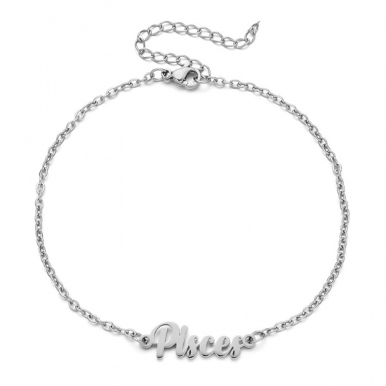 Immagine di Eco-friendly Vacuum Plating 304 Stainless Steel Rolo Chain Anklet Silver Tone Message " Pisces " 21cm(8 2/8") long, 1 Piece