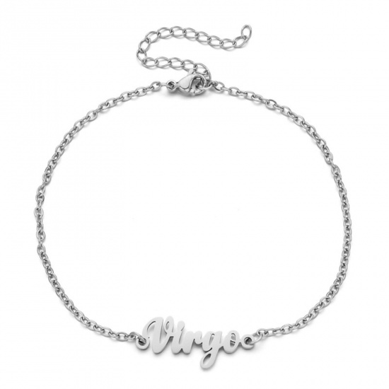 Immagine di Eco-friendly Vacuum Plating 304 Stainless Steel Rolo Chain Anklet Silver Tone Message " VIRGO " 21cm(8 2/8") long, 1 Piece