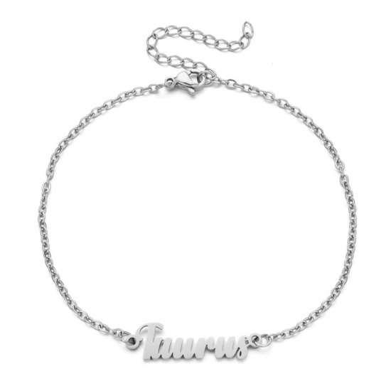 Immagine di Eco-friendly Vacuum Plating 304 Stainless Steel Rolo Chain Anklet Silver Tone Message " TAURUS " 21cm(8 2/8") long, 1 Piece