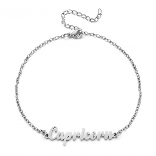 Immagine di Eco-friendly Vacuum Plating 304 Stainless Steel Rolo Chain Anklet Silver Tone Message " Capricorn " 21cm(8 2/8") long, 1 Piece