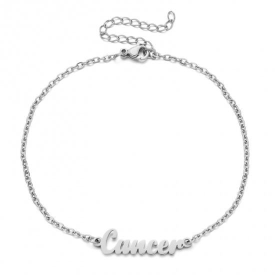 Immagine di Eco-friendly Vacuum Plating 304 Stainless Steel Rolo Chain Anklet Silver Tone Message " CANCER " 21cm(8 2/8") long, 1 Piece