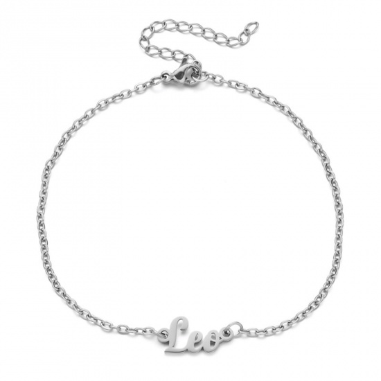 Immagine di Eco-friendly Vacuum Plating 304 Stainless Steel Rolo Chain Anklet Silver Tone Message " LEO " 21cm(8 2/8") long, 1 Piece