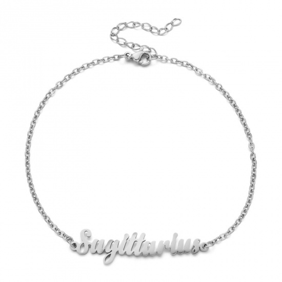 Immagine di Eco-friendly Vacuum Plating 304 Stainless Steel Rolo Chain Anklet Silver Tone Message " Sagittarius " 21cm(8 2/8") long, 1 Piece