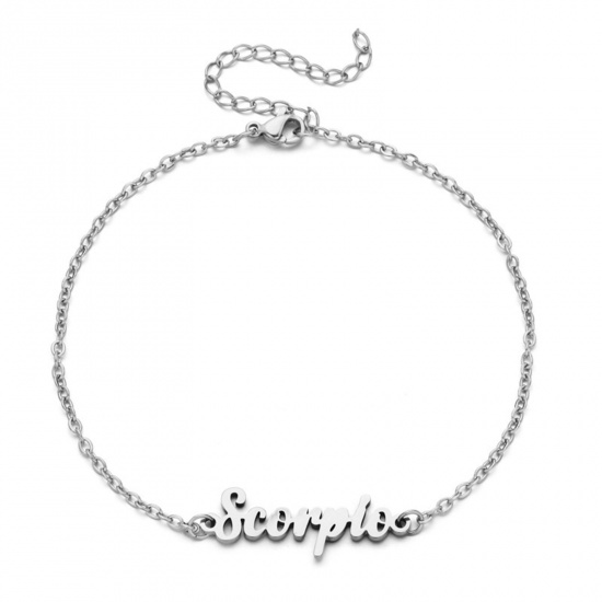 Immagine di Eco-friendly Vacuum Plating 304 Stainless Steel Rolo Chain Anklet Silver Tone Message " Scorpio " 21cm(8 2/8") long, 1 Piece