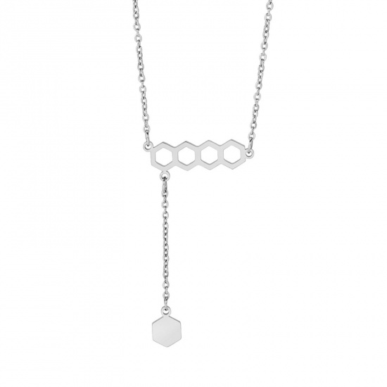 Picture of 304 Stainless Steel Rolo Chain Necklace Silver Tone Dainty Beehive 40cm(15 6/8") long, 1 Piece