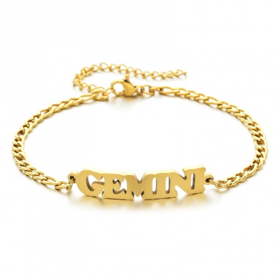 Picture of 304 Stainless Steel 3:1 Figaro Link Chain Bracelets Gold Plated Word Message " Gemini " 16cm(6 2/8") long, 1 Piece