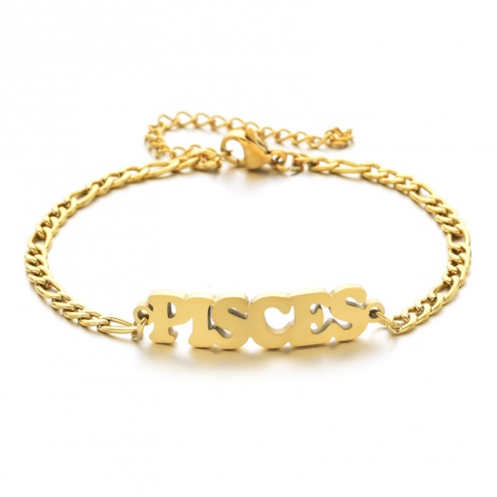 Picture of 304 Stainless Steel 3:1 Figaro Link Chain Bracelets Gold Plated Word Message " Pisces " 16cm(6 2/8") long, 1 Piece