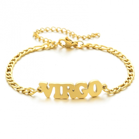 Picture of 304 Stainless Steel 3:1 Figaro Link Chain Bracelets Gold Plated Word Message " VIRGO " 16cm(6 2/8") long, 1 Piece