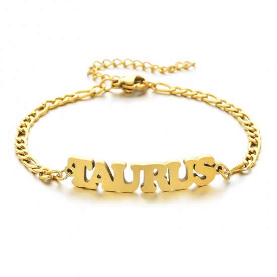 Picture of 304 Stainless Steel 3:1 Figaro Link Chain Bracelets Gold Plated Word Message " TAURUS " 16cm(6 2/8") long, 1 Piece