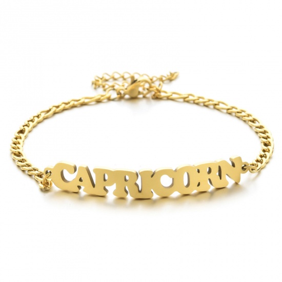 Picture of 304 Stainless Steel 3:1 Figaro Link Chain Bracelets Gold Plated Word Message " Capricorn " 16cm(6 2/8") long, 1 Piece