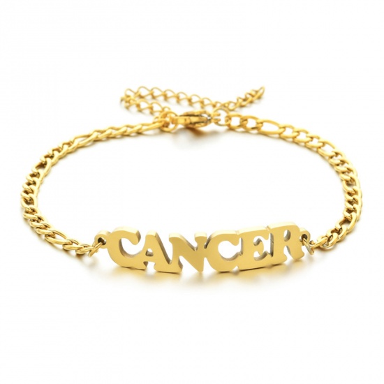 Picture of 304 Stainless Steel 3:1 Figaro Link Chain Bracelets Gold Plated Word Message " CANCER " 16cm(6 2/8") long, 1 Piece