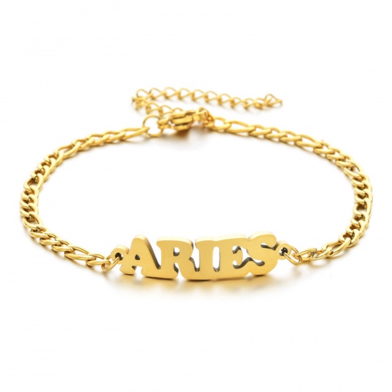 Picture of 304 Stainless Steel 3:1 Figaro Link Chain Bracelets Gold Plated Word Message " ARIES " 16cm(6 2/8") long, 1 Piece